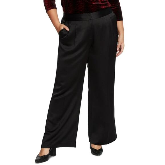 Vince Camuto Dress Pants Black Wide Leg Front Pleat Satin Trouser Pockets 24W - Picture 1 of 16